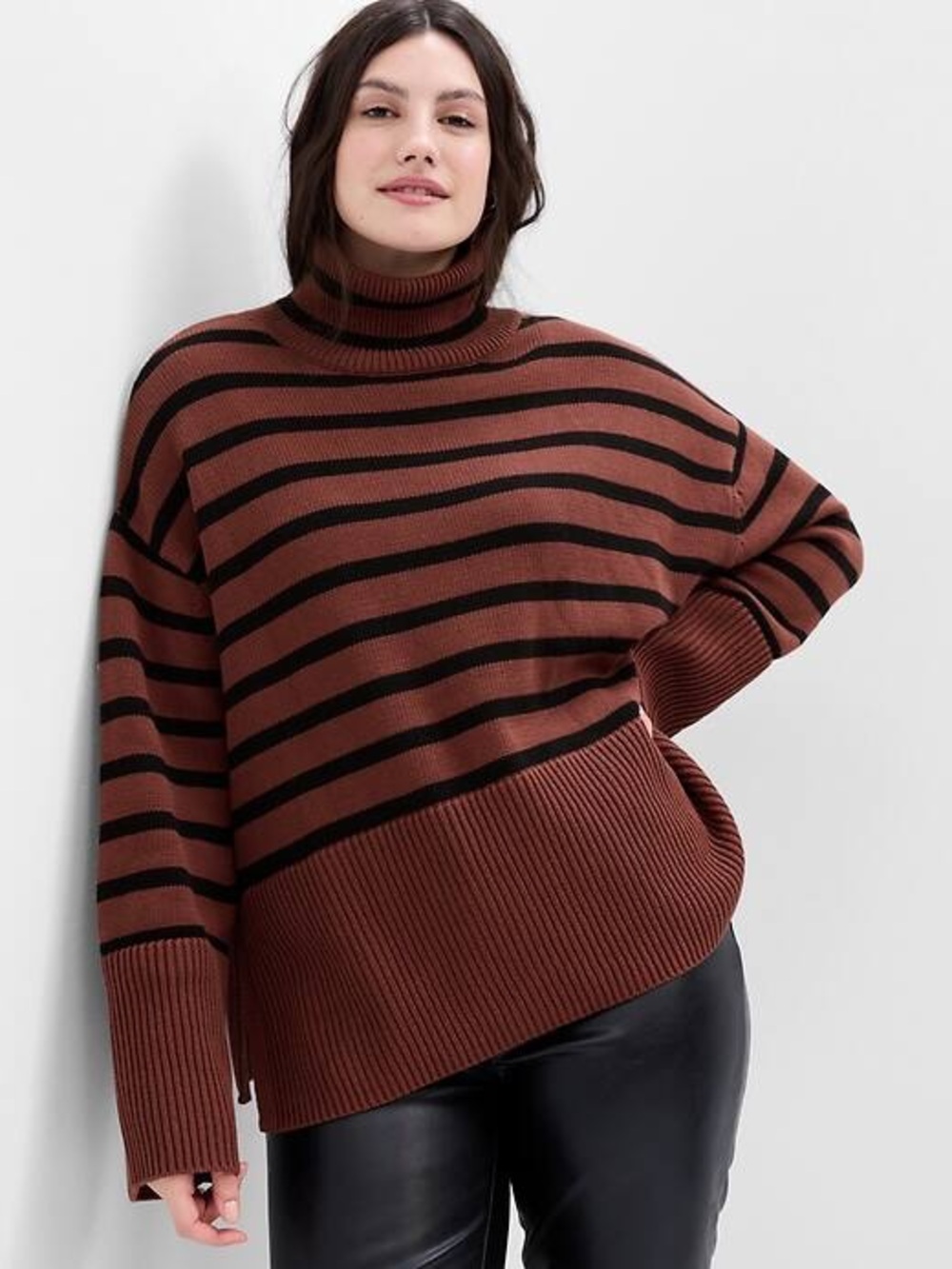 Gap Women’s L Brown Black Striped Oversized Turtleneck Cotton Sweater Split Hem